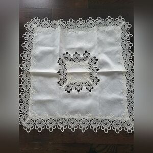 Pristine Vintage White Lace Square Table Topper – 34" x 34".